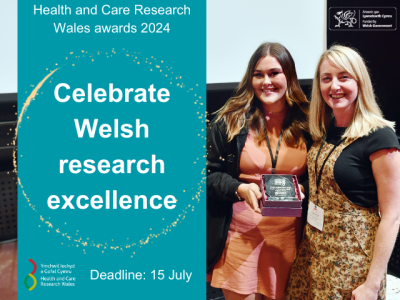 Text says "celebrate Welsh research excellence" with image of two women holding a glass award